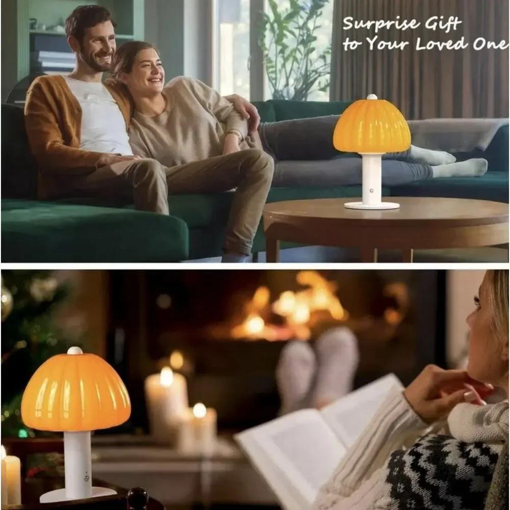 Cordless Mushroom Glass Table Lamp Orange Touch 3-Color LED Rechargeable 7.8”